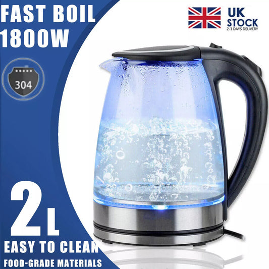 2L Electric Kettle Glass Fast Boil 360° Blue LED Illuminated Portable Jug 1800W