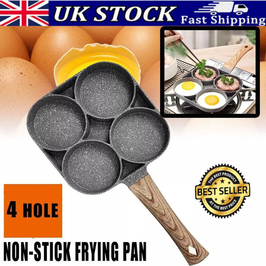 4 Hole Egg Pan-Burger Ham-Pancake Maker-Wooden Handle-Frying Grill Non-stick-UK