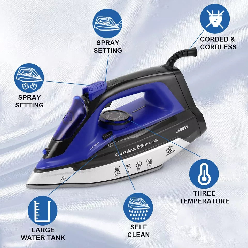 Superlex 2-in-1 Cordless Steam Iron, Ceramic Soleplate, Self-Cleaning, 2600W - Fast & Efficient"