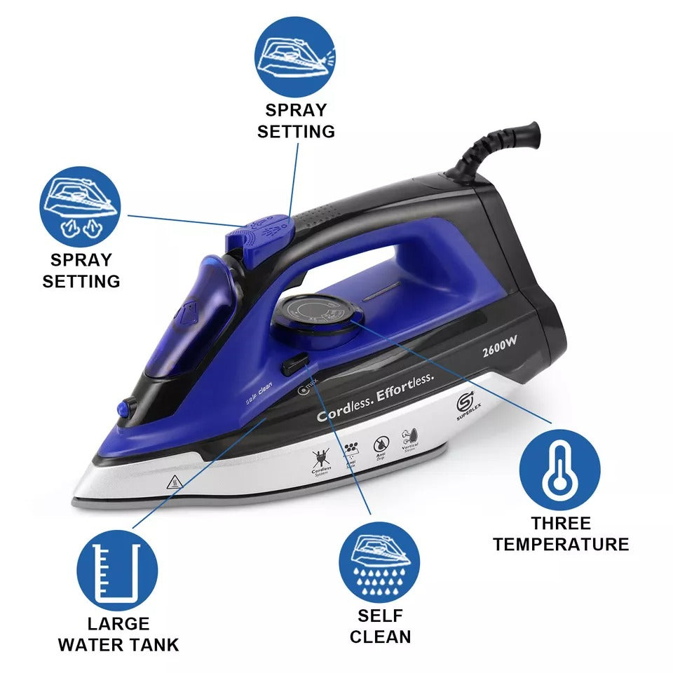 Superlex 2-in-1 Cordless Steam Iron, Ceramic Soleplate, Self-Cleaning, 2600W - Fast & Efficient"