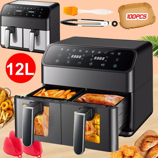 12L Dual Zone Digital Air Fryer Oven Cooker Oil Free Low Fat with 100 Tray Large